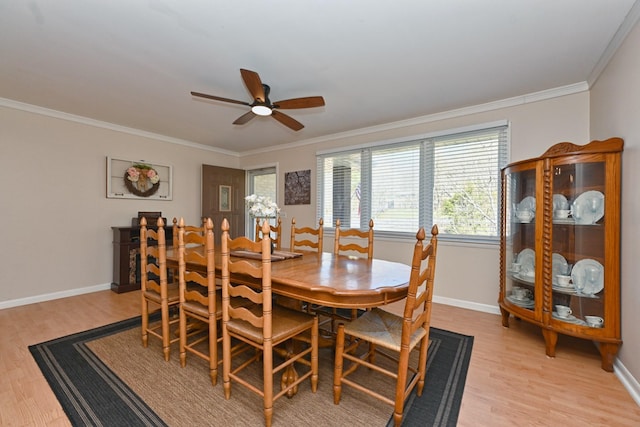 dining area featuring crown molding, a ceiling fan, light wood-type flooring, and baseboards