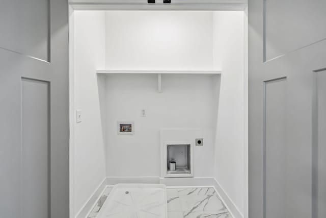 laundry area featuring marble finish floor, baseboards, hookup for an electric dryer, and hookup for a washing machine