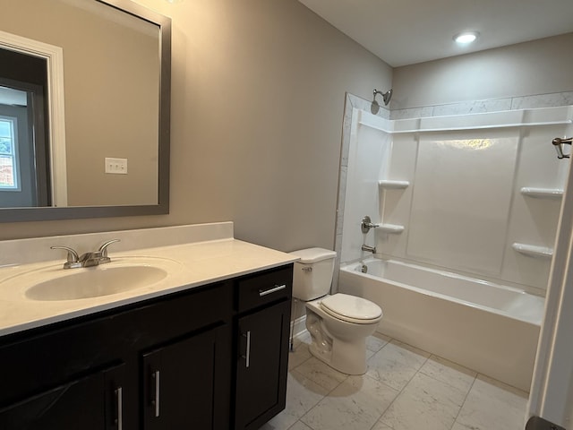 180 Cardinal Crk, Clarksville, TN 37040 - full bathroom with vanity, toilet, shower / bath combination, and marble finish floors