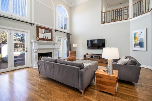 5217 Apple Mill Ct, Brentwood, TN 37027 - living area with a high ceiling, ornamental molding, healthy amount of natural light, wood finished floors, and a fireplace