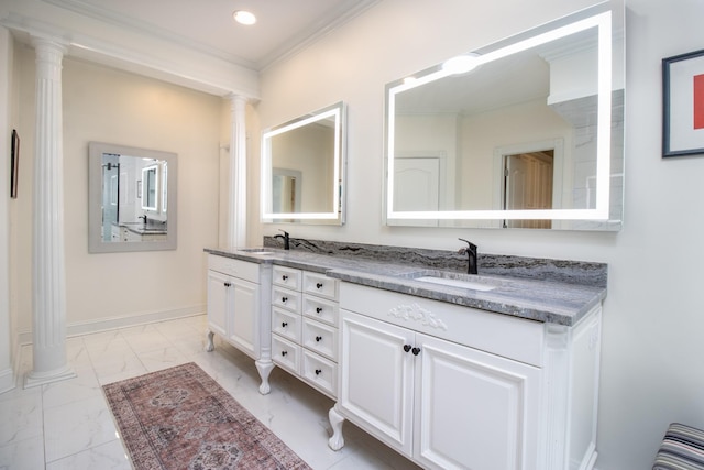 5217 Apple Mill Ct, Brentwood, TN 37027 - bathroom with double vanity, decorative columns, marble finish floors, ornamental molding, and recessed lighting