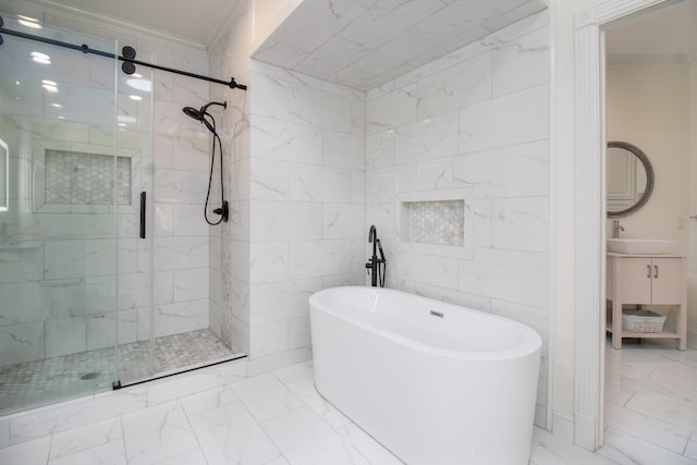 5217 Apple Mill Ct, Brentwood, TN 37027 - full bathroom featuring marble look tiles, crown molding, a shower stall, a soaking tub, and vanity