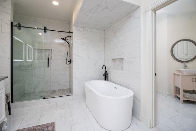 5217 Apple Mill Ct, Brentwood, TN 37027 - full bathroom featuring ornamental molding, vanity, marble finish flooring, a marble finish shower, and recessed lighting
