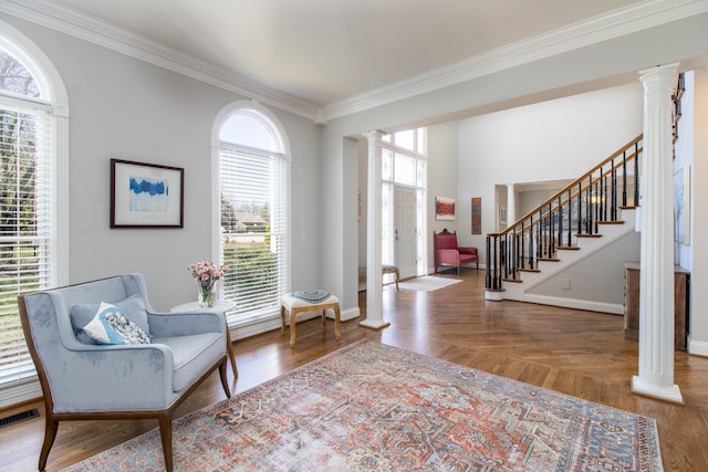 5217 Apple Mill Ct, Brentwood, TN 37027 - sitting room with decorative columns, ornamental molding, stairs, and baseboards