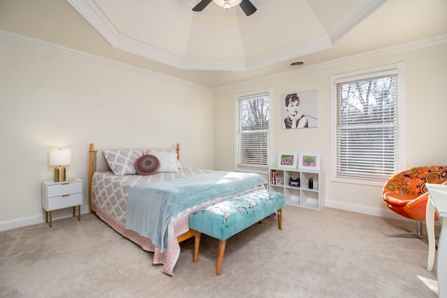 5217 Apple Mill Ct, Brentwood, TN 37027 - bedroom featuring light carpet, crown molding, a tray ceiling, baseboards, and a ceiling fan