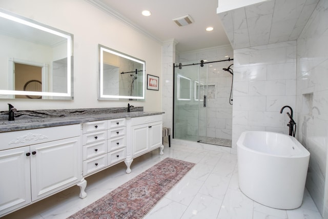 5217 Apple Mill Ct, Brentwood, TN 37027 - bathroom with crown molding, a marble finish shower, double vanity, a freestanding bath, and marble finish floors