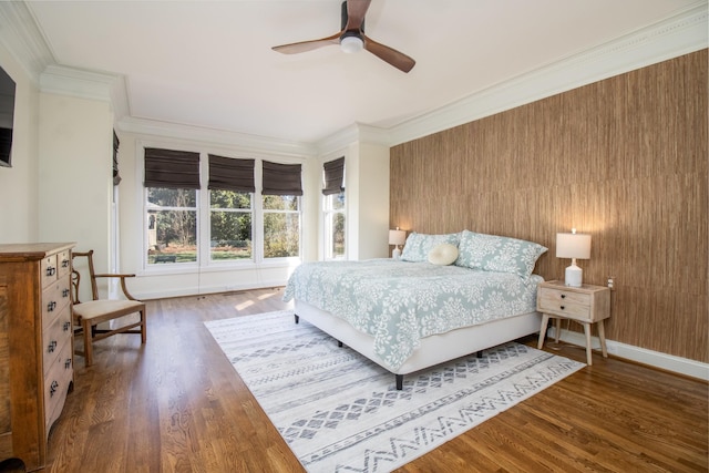 5217 Apple Mill Ct, Brentwood, TN 37027 - bedroom featuring ornamental molding, wood finished floors, baseboards, a ceiling fan, and wooden walls