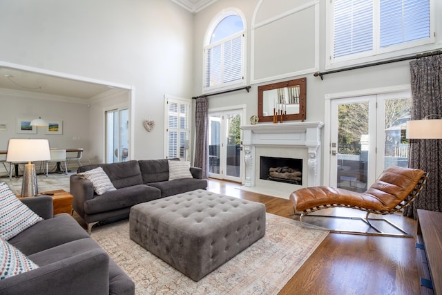 5217 Apple Mill Ct, Brentwood, TN 37027 - living area with ornamental molding, a towering ceiling, wood finished floors, and a fireplace with flush hearth