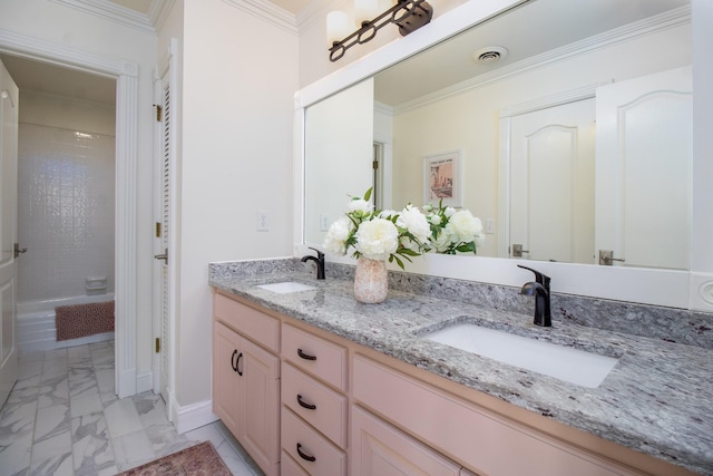 5217 Apple Mill Ct, Brentwood, TN 37027 - full bathroom with marble finish flooring, double vanity, shower / bathtub combination, crown molding, and baseboards