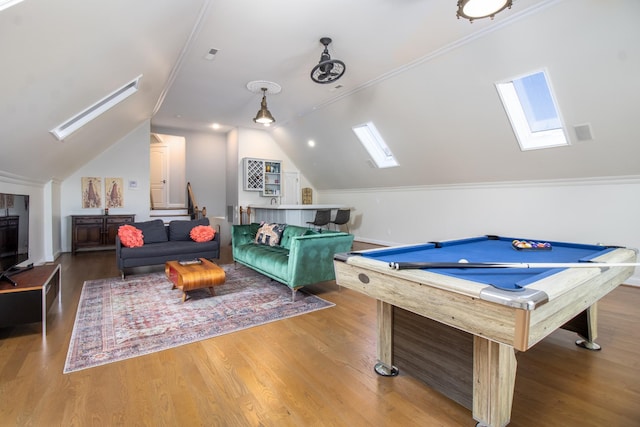 5217 Apple Mill Ct, Brentwood, TN 37027 - rec room with a skylight, vaulted ceiling, wood finished floors, billiards, and baseboards