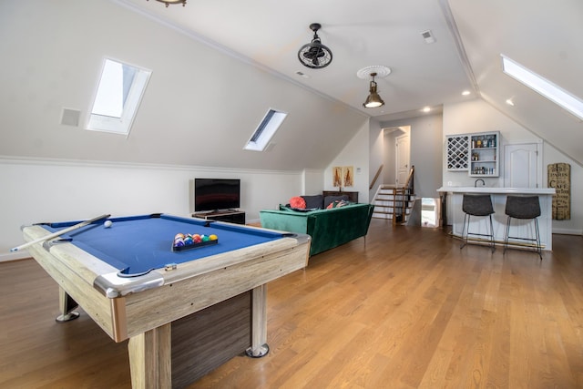 5217 Apple Mill Ct, Brentwood, TN 37027 - recreation room with a skylight, lofted ceiling, billiards table, and wood finished floors