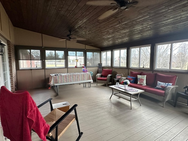 sunroom with wood ceiling, outdoor lounge area, ceiling fan, and hardwood / wood-style flooring