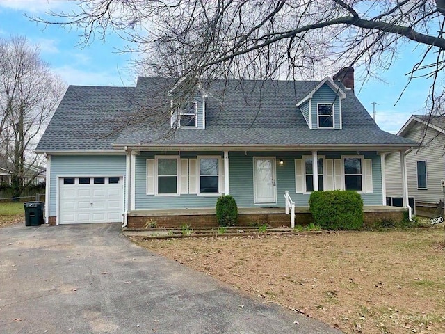 3520 Rocky Point Dr, Hopkinsville, KY 42240 - cape cod home with a garage, asphalt driveway, a chimney, covered porch, and roof with shingles