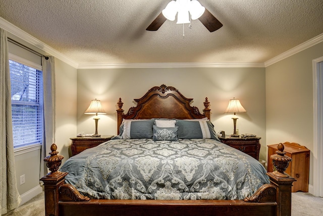 bedroom featuring baseboards, ceiling fan, a textured ceiling, crown molding, and light carpet