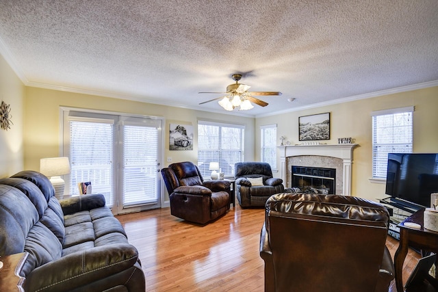 living area featuring a glass covered fireplace, light wood-type flooring, ceiling fan, and ornamental molding
