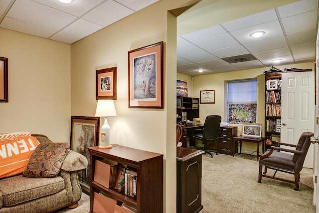 office area featuring light carpet and a drop ceiling
