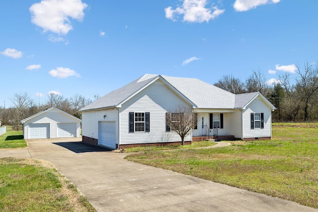 ranch-style house with covered porch, an outbuilding, a front lawn, a shingled roof, and crawl space