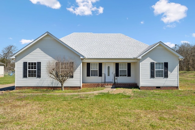 single story home featuring a front lawn, crawl space, and a shingled roof
