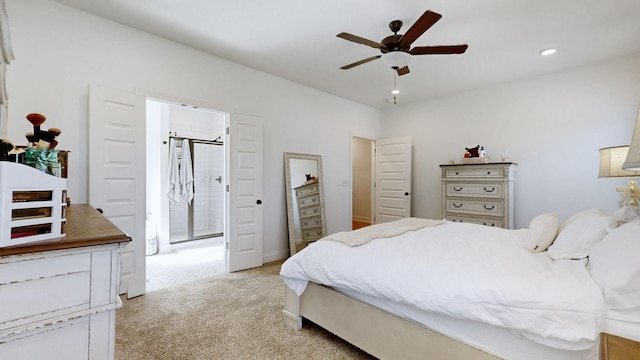 5020 E Mayflower Ct, Greenbrier, TN 37073 - bedroom featuring a ceiling fan, recessed lighting, light colored carpet, and connected bathroom