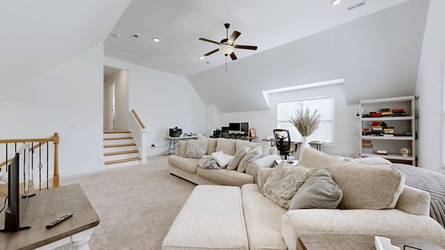 5020 E Mayflower Ct, Greenbrier, TN 37073 - carpeted living area featuring recessed lighting, visible vents, ceiling fan, and vaulted ceiling