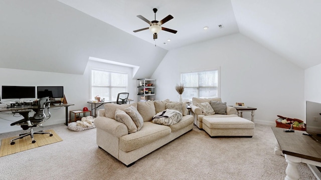 5020 E Mayflower Ct, Greenbrier, TN 37073 - living area featuring visible vents, light carpet, a ceiling fan, baseboards, and vaulted ceiling