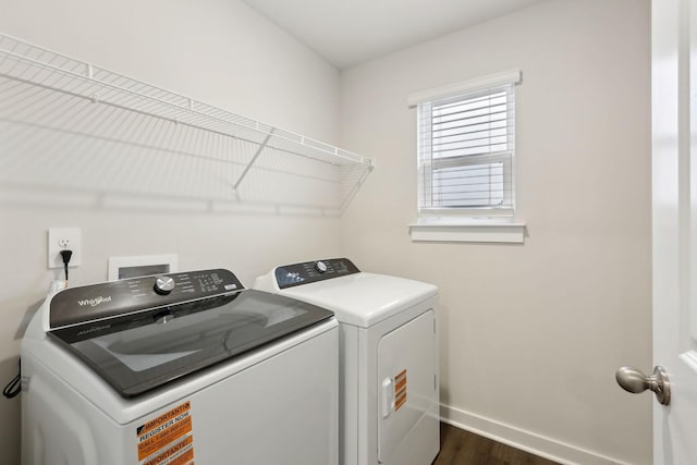 4228 Skyridge Dr, Nashville, TN 37207 - laundry room with washing machine and dryer, laundry area, baseboards, and dark wood-type flooring