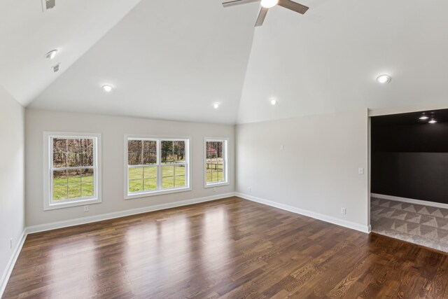 3725 Glen Raven Rd, Cedar Hill, TN 37032 - unfurnished living room with visible vents, high vaulted ceiling, baseboards, ceiling fan, and dark wood-style flooring