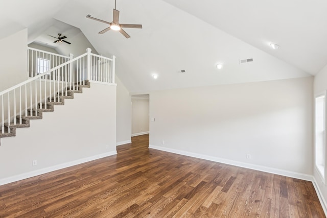3725 Glen Raven Rd, Cedar Hill, TN 37032 - unfurnished living room featuring wood finished floors, a ceiling fan, visible vents, high vaulted ceiling, and baseboards