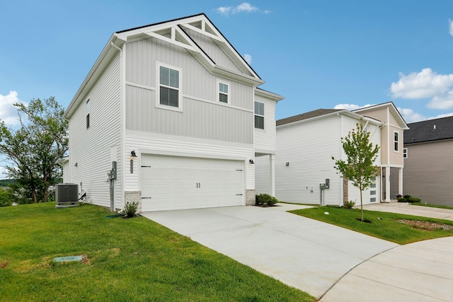 4220 Skyridge Dr, Nashville, TN 37207 - view of front of house featuring central air condition unit, a garage, driveway, a front yard, and board and batten siding