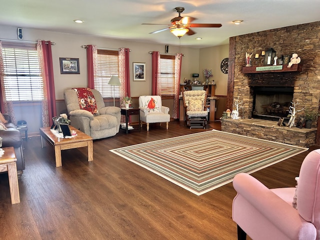1306 Mcmahan St, Manchester, TN 37355 - living area with wood finished floors, ceiling fan, a fireplace, and recessed lighting