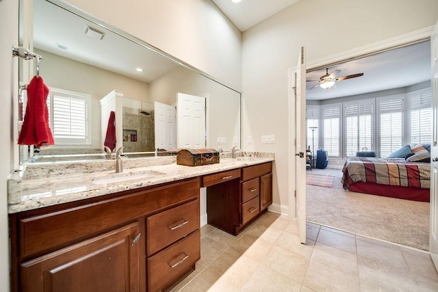 908 Plantation Blvd, Gallatin, TN 37066 - ensuite bathroom featuring visible vents, a stall shower, a sink, double vanity, and ceiling fan