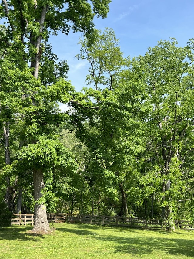 view of yard with fence and a forest view