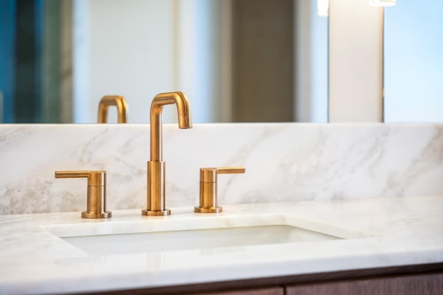 interior details featuring vanity and backsplash