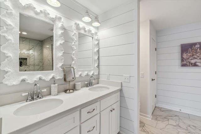 144 Tanasi Shr, Gallatin, TN 37066 - full bath featuring double vanity, marble finish floor, tiled shower, and a sink
