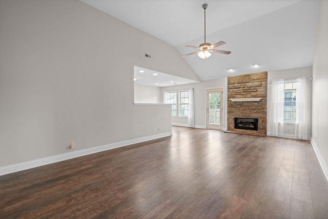 568 Tracy Ln, Clarksville, TN 37040 - unfurnished living room featuring a ceiling fan, dark wood-style floors, a fireplace, high vaulted ceiling, and recessed lighting