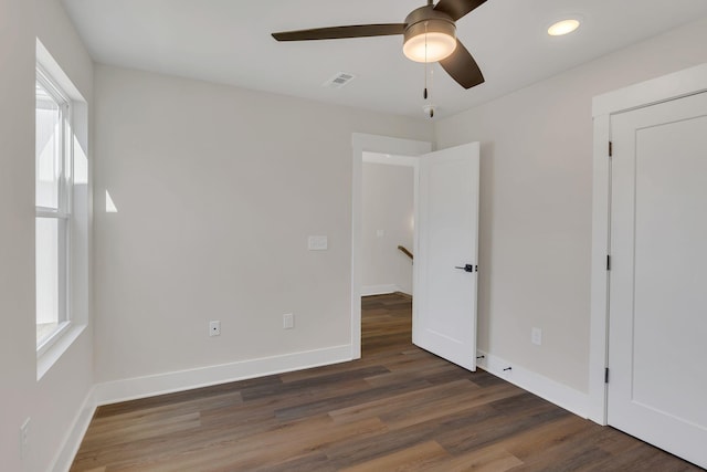 1016 W Kirkland Ave Unit C, Nashville, TN 37216 - unfurnished bedroom featuring a ceiling fan, wood finished floors, visible vents, baseboards, and recessed lighting