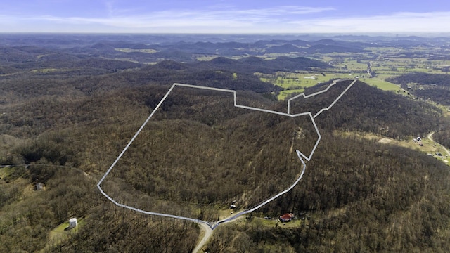 drone / aerial view with a mountain view and a wooded view