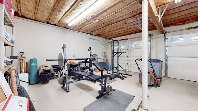 workout room with a garage