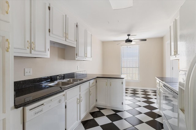 975 General George Patton Rd, Nashville, TN 37221 - kitchen featuring a ceiling fan, a sink, white cabinetry, white appliances, and light floors