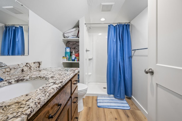 744 Dobbins Pike, Gallatin, TN 37066 - bathroom featuring wood finished floors, vanity, toilet, curtained shower, and vaulted ceiling