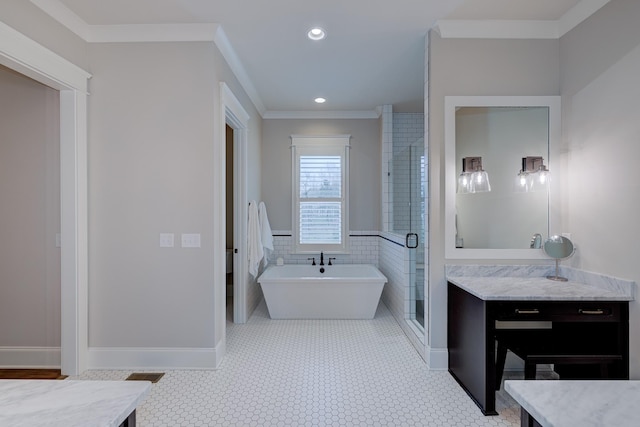 209 Gilchrist S Cir, Nolensville, TN 37135 - bathroom featuring vanity, a soaking tub, a stall shower, recessed lighting, and tile walls