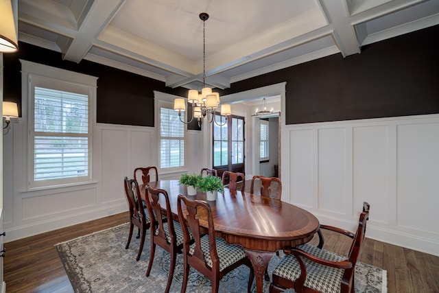 209 Gilchrist S Cir, Nolensville, TN 37135 - dining area featuring a decorative wall, coffered ceiling, a chandelier, dark wood-style flooring, and beam ceiling