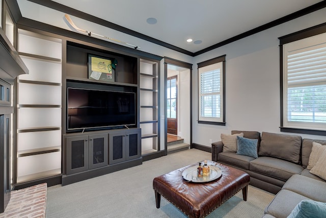 209 Gilchrist S Cir, Nolensville, TN 37135 - living area with light colored carpet, ornamental molding, built in features, baseboards, and recessed lighting