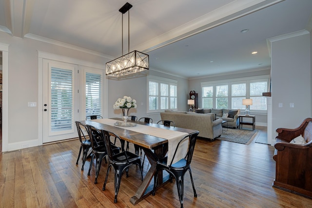 209 Gilchrist S Cir, Nolensville, TN 37135 - dining space with wood finished floors, a chandelier, baseboards, ornamental molding, and recessed lighting