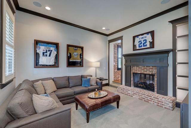 209 Gilchrist S Cir, Nolensville, TN 37135 - carpeted living area with a fireplace, ornamental molding, and recessed lighting