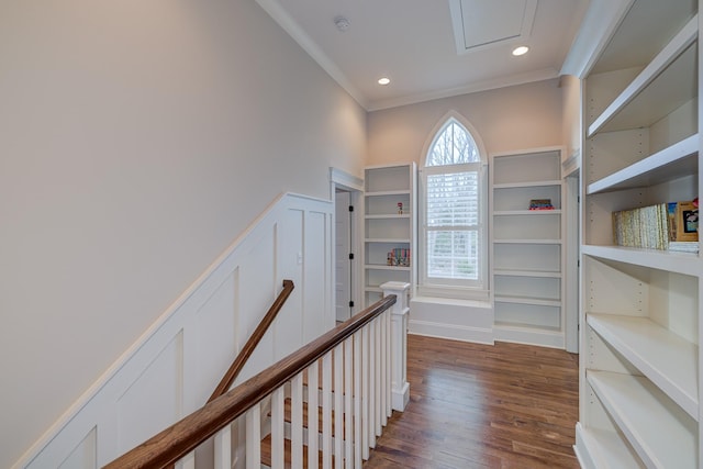 209 Gilchrist S Cir, Nolensville, TN 37135 - hallway with an upstairs landing, crown molding, dark wood-type flooring, and recessed lighting