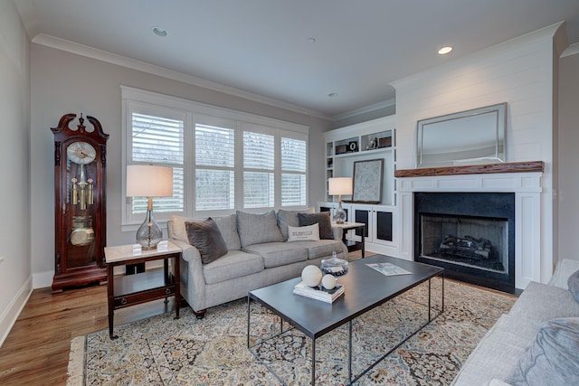 209 Gilchrist S Cir, Nolensville, TN 37135 - living area with wood finished floors, crown molding, a fireplace, baseboards, and built in features