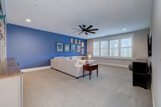 209 Gilchrist S Cir, Nolensville, TN 37135 - living room featuring light colored carpet, ceiling fan, recessed lighting, and baseboards