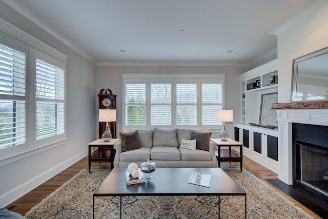 209 Gilchrist S Cir, Nolensville, TN 37135 - living area with plenty of natural light, wood finished floors, ornamental molding, a fireplace with flush hearth, and built in features