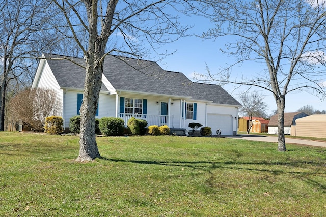 view of front of property with a shingled roof, a front lawn, concrete driveway, covered porch, and an attached garage